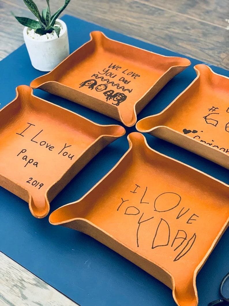 YOUR Kids Drawing or Handwriting / Personalized Christmas Gift for Dad / Heirloom Leather Tray / Meaningful Gifts for Dad image 2