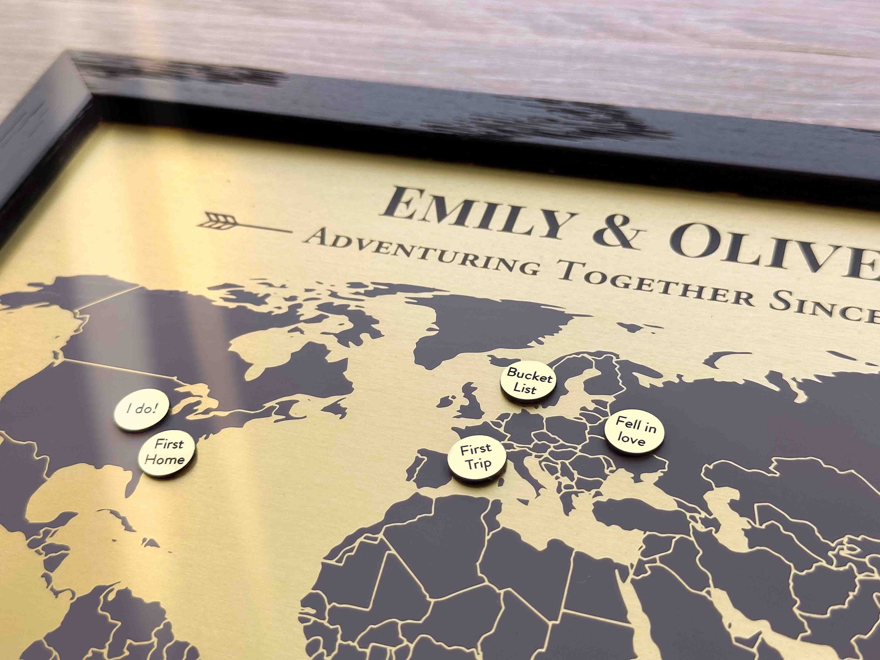 21st Anniversary Gift for Him and Her • Brass Map with Custom Markers • 21st Year Anniversary Gift Idea • Brass Wedding Anniversary Present