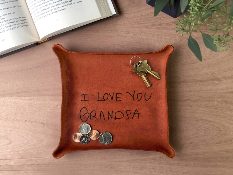 YOUR Kids Handwriting / Personalized Gift for Grandpa / Leather Tray with Handwriting / Unique Gift from Grandkids to Grandpa image 1