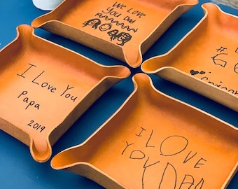 YOUR Kids Drawing or Handwriting / Personalized Father's Day Gift for Dad / Heirloom Leather Tray / Unique Gifts for Men / Meaningful Gifts