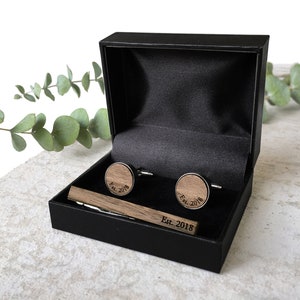 5 Year Anniversary Gift // Personalized Walnut Wood Cufflinks // Wood Anniversary Gifts for Him // Your initials and wedding date engraved Cufflinks + Tie Bar