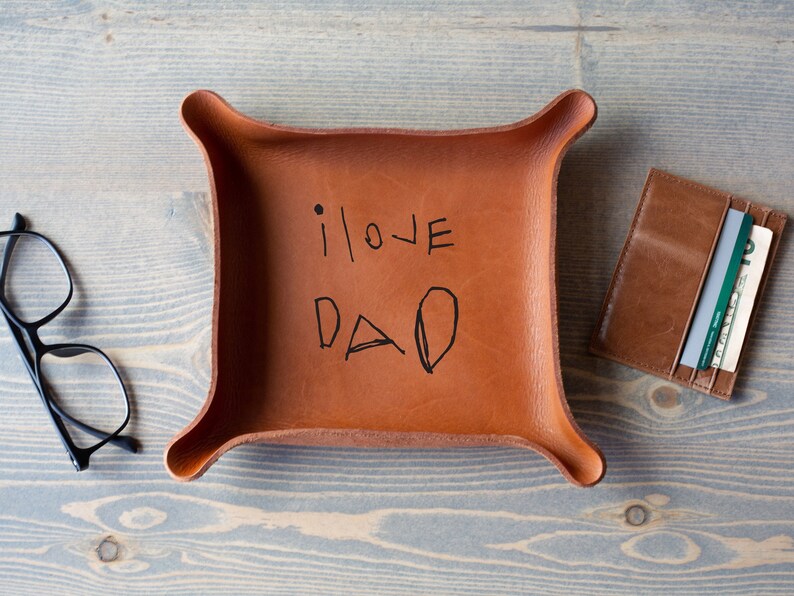 YOUR Kids Drawing or Handwriting / Personalized Father's Day Gift for Dad / Heirloom Leather Tray / Unique Gifts for Men / Meaningful Gifts image 4