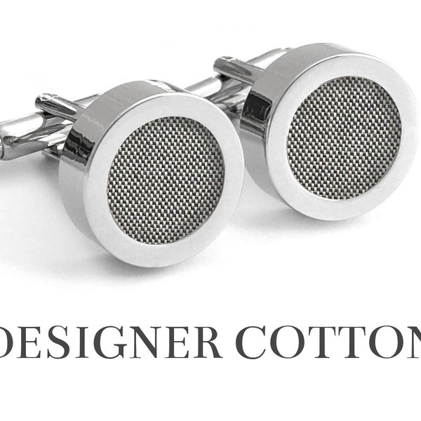 2nd Anniversary Gifts for Men // PARIS GREY // Second Anniversary Gift for Him / Silver Cufflinks with Designer Grey Cotton Shirting Fabric