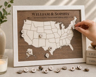 5th Anniversary Gift Idea- Wood Map with Personalized Milestone Pins -  Wood anniversary- 5 year wedding anniversary