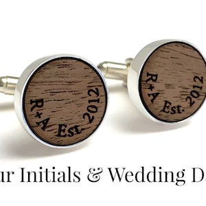 5 Year Anniversary Gift // Personalized Walnut Wood Cufflinks // Wood Anniversary Gifts for Him // Your initials and wedding date engraved image 1