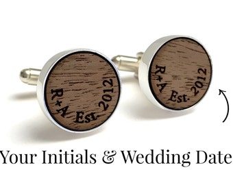 5 Year Anniversary Gift // Personalized Walnut Wood Cufflinks // Wood Anniversary Gifts for Him // Your initials and wedding date engraved