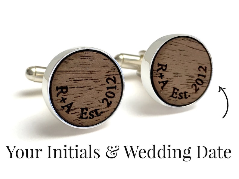 5 Year Anniversary Gift // Personalized Walnut Wood Cufflinks // Wood Anniversary Gifts for Him // Your initials and wedding date engraved Cufflinks Only