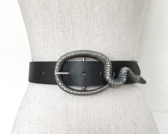 BRIGID black genuine leather snake buckle belt