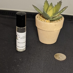 May include: A small, clear glass bottle with a black roll-on top. The bottle is labeled "Best Cologne" and has a small white flower graphic. The bottle is sitting on a black surface next to a small potted succulent plant and a silver coin.
