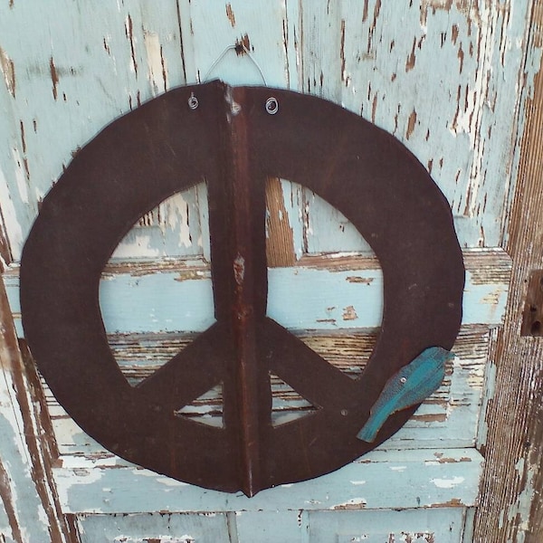 Barn Tin Recycled Peace Sign Bluebird Rustic Rusted Metal