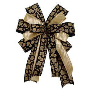 Elegant Black and Gold Leopard Print Bow - Perfect Christmas Topper, Mailbox, Mantle, Front Door, Lantern, or Large Gift Accent