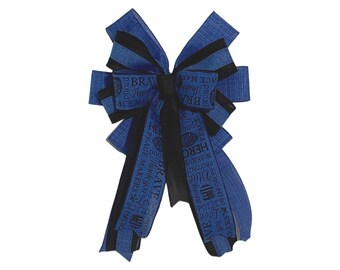 May include: A decorative bow featuring blue and black ribbons. The blue ribbons have a textured appearance and are printed with words like "Brave," "Hero," and "Thank You." The black ribbons add contrast. The bow is designed with multiple loops and tails.