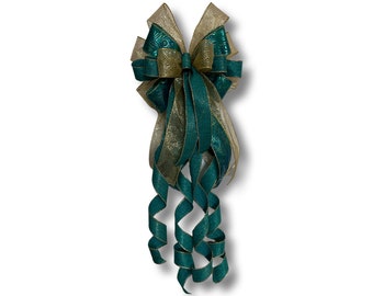 Peacock Christmas Tree Bow, Gold Sparkle Ribbon, Handmade Wreath Bow