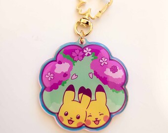 Holographic Pokemon Keychain - Pikachu Cherry Blossom Charm