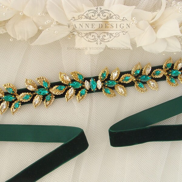 Leaf Bridal Sash Gold and Emerald Green Bridal Belt Laurel Leaf Wedding Sash Belt Crystal Beaded Sash Grecian Leaf Sash Belt Vintage Glamour