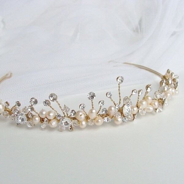 Gold WEDDING TIARA with Pearl and Rhinestones, Blush Pearl Headband, Pearl Hair Piece, Crystal Bridal Tiara, Gold Bridal Crown, Pearl Tiara