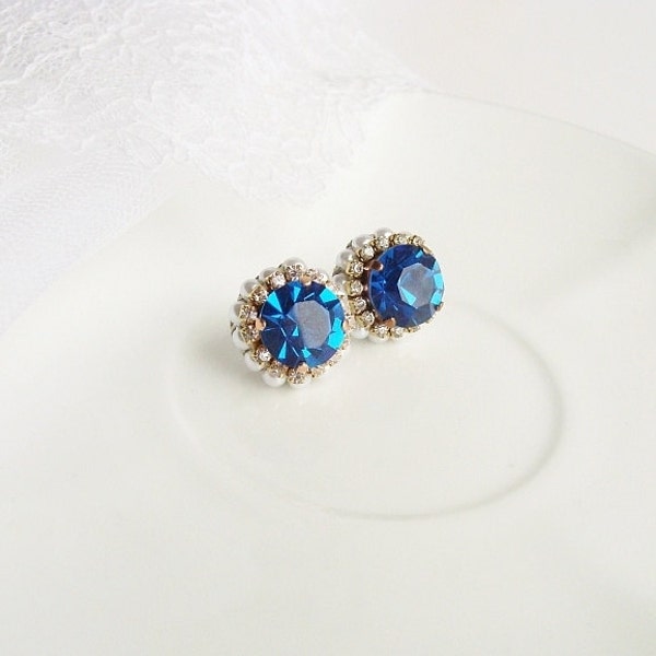 Blauwe bruids Stud Oorbellen Saphhire blauw Swarovski Crystal Post oorbellen kralen parel Cluster hengsten oorbellen kobaltblauw bruiloft oorbellen Set