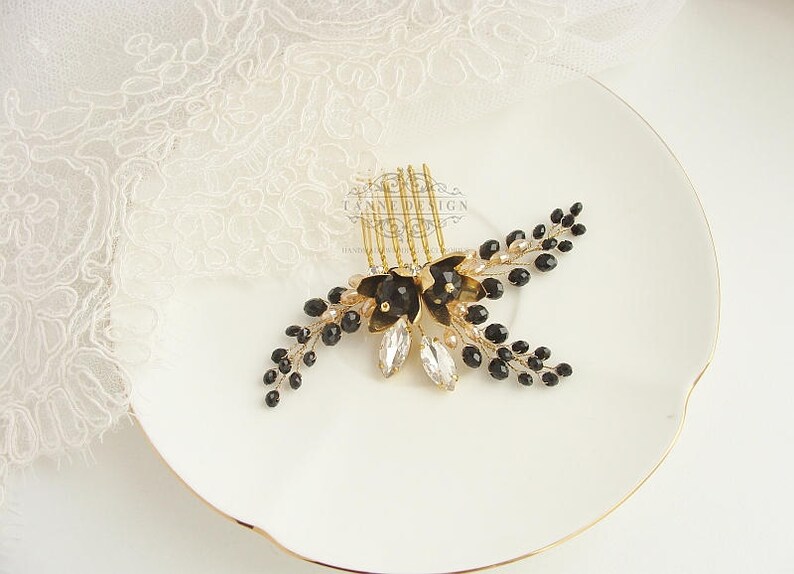 Black Bridal Hair Comb Gold Black Hair Piece Black Wedding Etsy