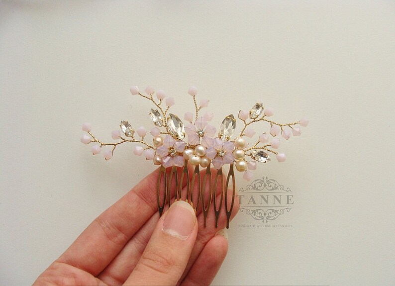 Blush Pink Bridal Hair Comb Gold Crystal Rhinestone Hair Vine Etsy