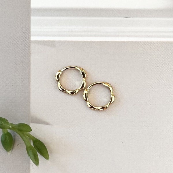 Gold Frilly Huggies, 18k Gold Plated Petite Hoops | Gold Tiny Delicate Hoops