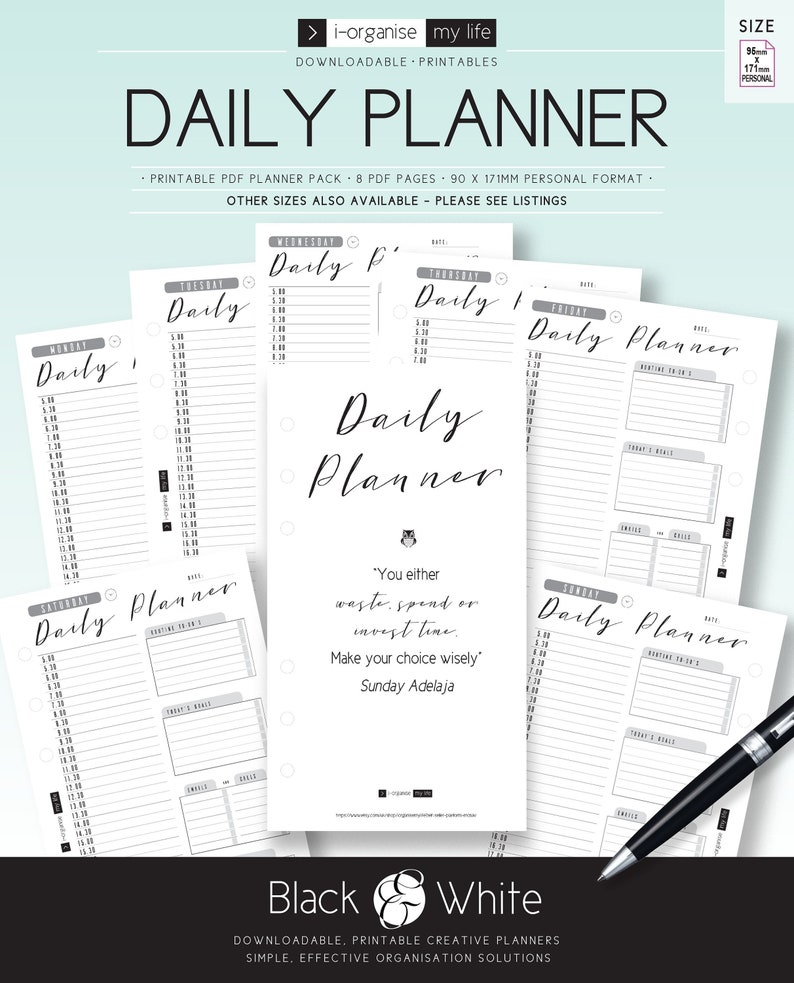 Daily planner, weekly planner, daily agenda, to do list, goals tracker, desk planner, diary schedule, digital download, printable, image 1