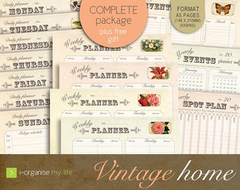 Vintage style planner pack Downloadable printable digital files Daily planner, week planner, year planner, vintage style postcards