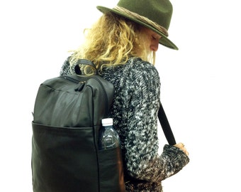 Black Leather backpack, Laptop backpack laptop rucksack Travel backpack Macbook pro backpack  13  15 Leather Rucksack bottle pocket
