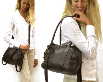 Small leather bag purse, Women Leather crossbody bag, Soft Leather Handbag in Dark brow, External Pockets