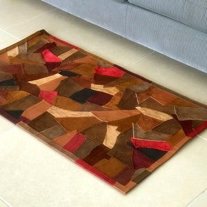 Patchwork Leather rug unique rug Small leather Carpet Handmade rug Mat 2&#39;95&quot; / 1&#39;64&quot;