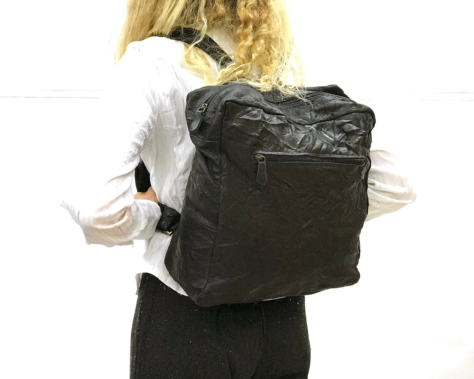 Black Leather Backpack Women Zipper Rocksack Front pocket Etsy
