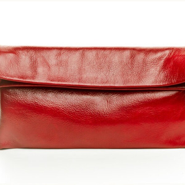 Red Leather Clutch Deep red leather clutch bag Fold over clutch bag Handmade with LOVE!