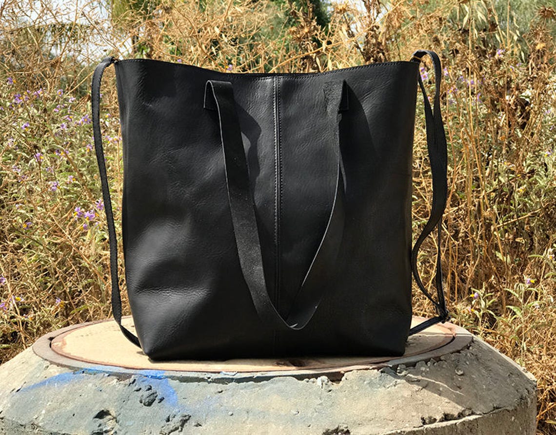 Sale Black leather tote bag Leather bucket bag Crossbody Etsy