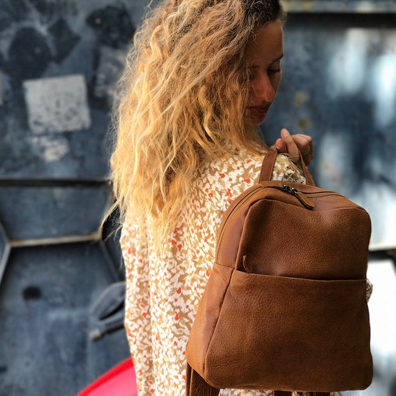 small brown leather backpack purse