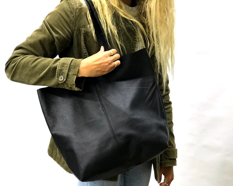 Sale Black leather bag Tote bag soft leather tote bag Large | Etsy