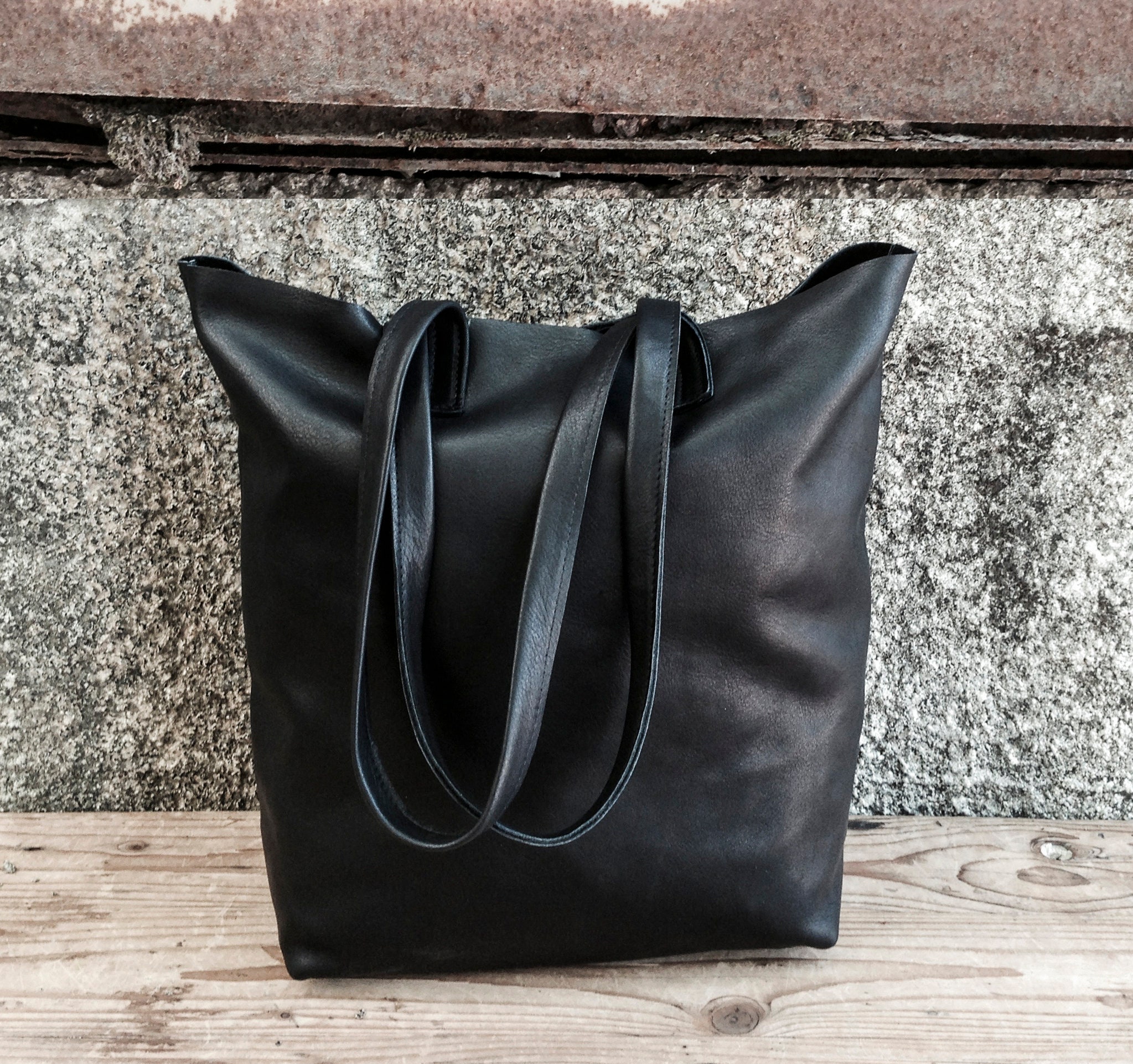 Sale Black leather shopper bag Leather shopper tote purse | Etsy