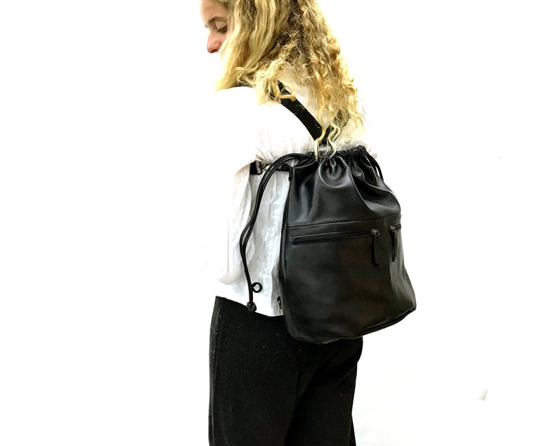 Black Drawstring backpack leather Drawstring bag Women shoulder bag Zippered pockets Men Rucksack