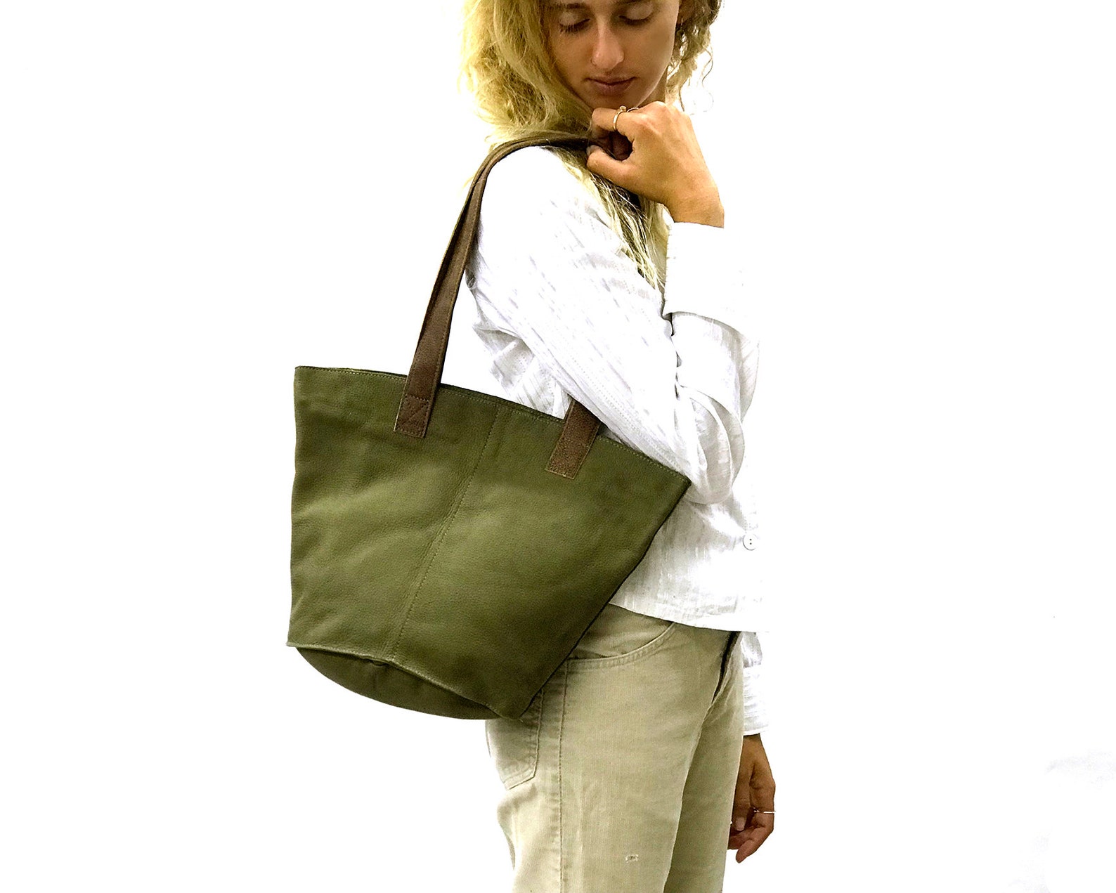 Green Leather Tote Bag Small Soft Leather Shopper Tote Bag - Etsy