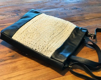 Small leather crochet bag Top handles leather Crossbody Bag Women Leather and Crochet Handbag One of a kind Black and Gray