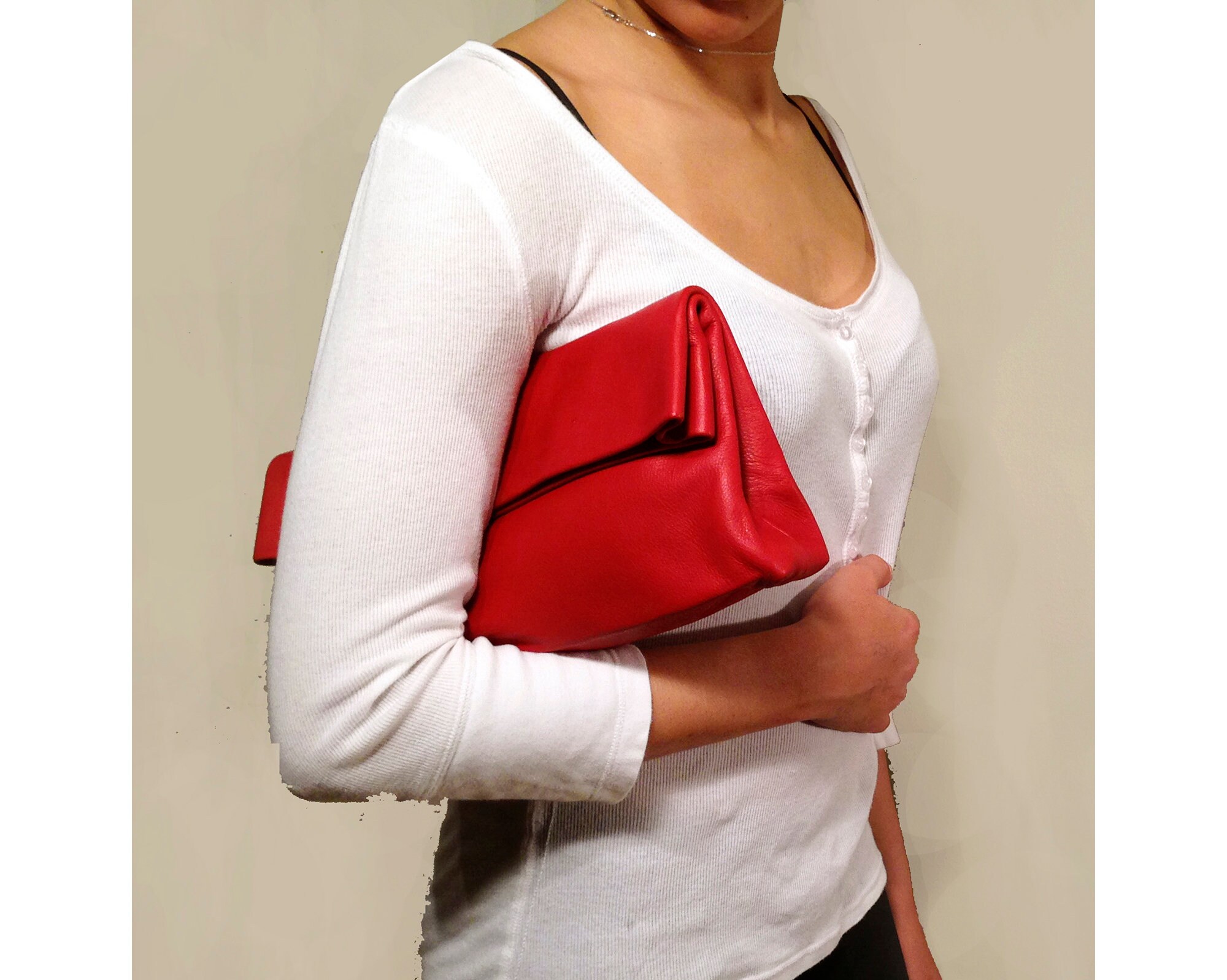 Red Foldover leather clutch Fold over Evening Clutch Bag Etsy