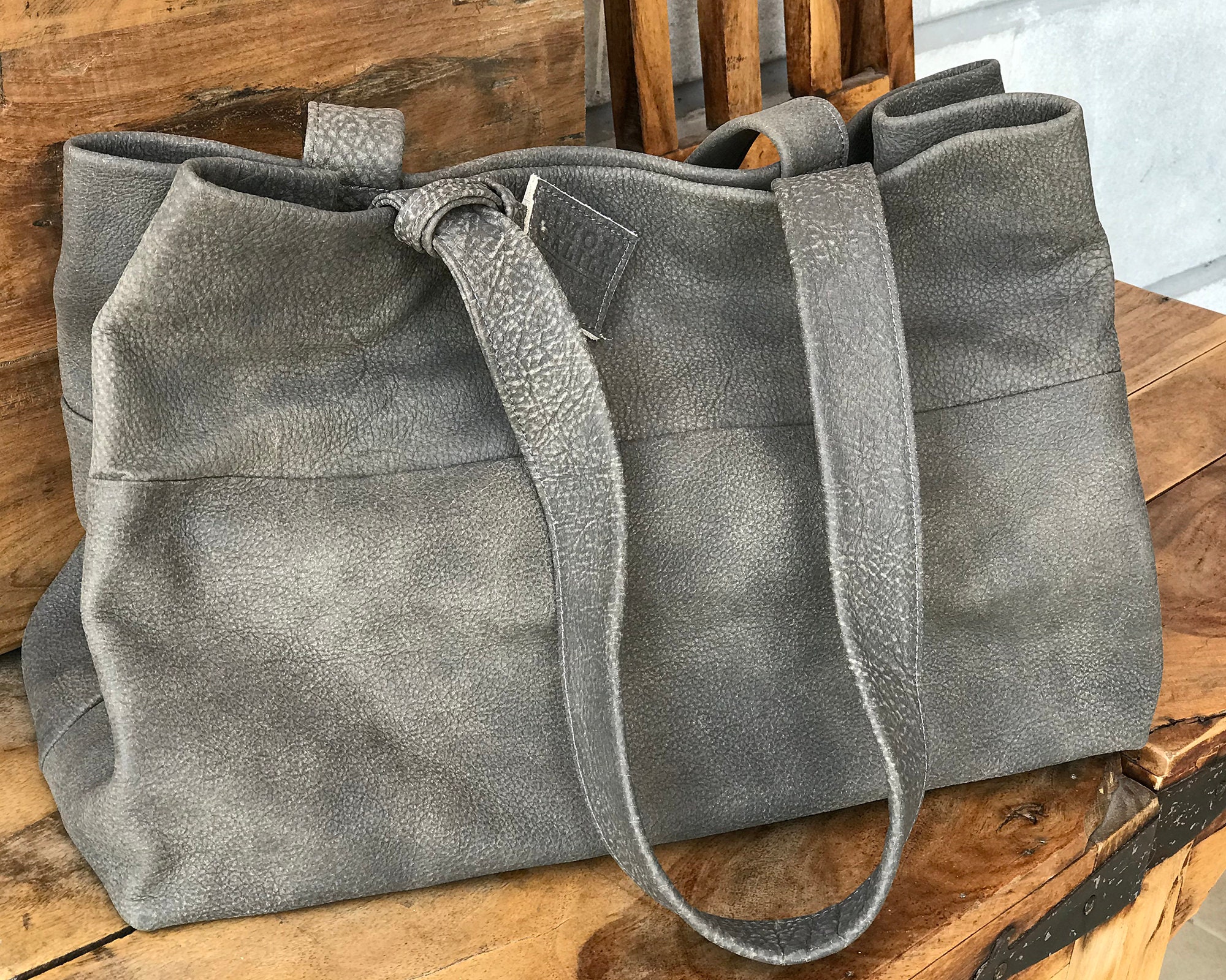 Distreseed Large leather tote bag Gray Leather tote Gray | Etsy