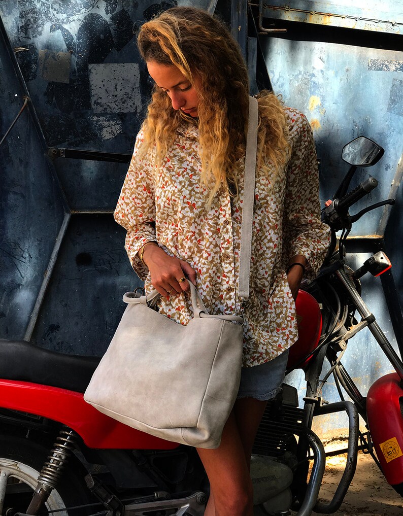 Women's Leather Messenger Bag Purse Bag Light Gray Leather Etsy