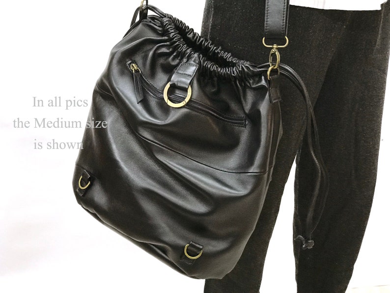 Black Drawstring backpack leather Drawstring bag Women shoulder bag Zippered pockets Men Rucksack
