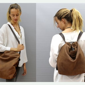 Leather backpack Crossbody convertible backpack purse Soft Grey Shoulder bag Hobo handbag Travel bag Handmade with love Distressed brown