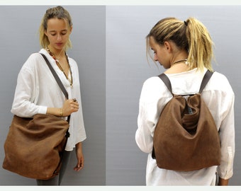 Leather backpack Crossbody convertible backpack purse Soft Grey Shoulder bag Hobo handbag Travel bag Handmade with love!