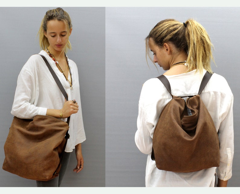 Leather backpack Crossbody convertible backpack purse Soft Grey Shoulder bag Hobo handbag Travel bag Handmade with love Distressed brown