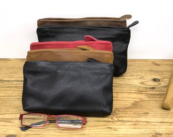 Brown Leather Pouch, leather Makeup bag, Small leather cosmetic bag, Leather clutch, Zipper pouch