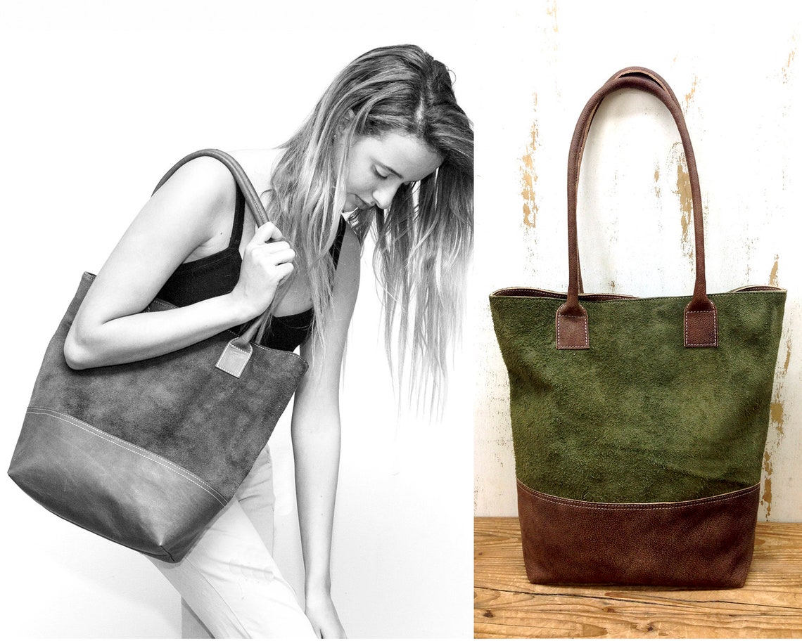 Sale Green leather tote bag Suede Leather Bag green | Etsy