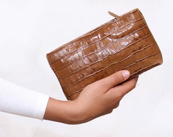 Croc purse - Brown Crocodile fine leather purse, leather cosmetic bag.