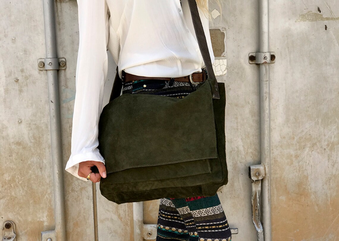 Dark green Leather messenger bag 15in Leather crossbody bags Etsy