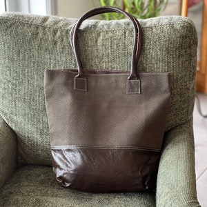 BROWN fabric and Leather Tote Bag Leather Handbag in Dark Brown Handmade with LOVE!